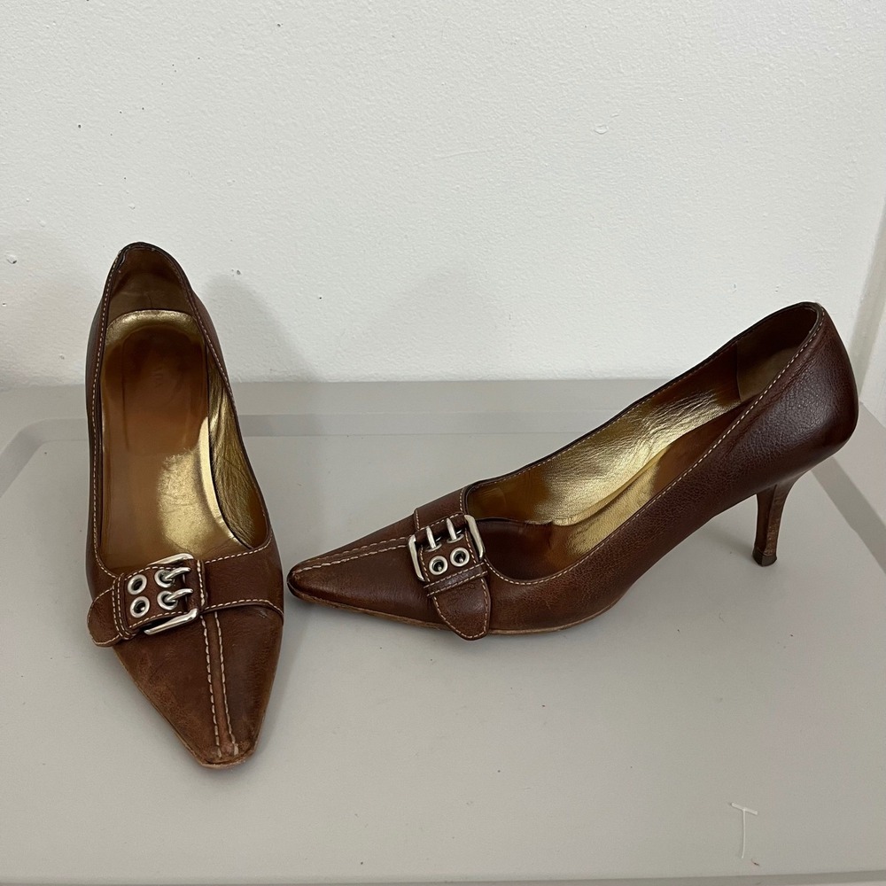 VTG Prada Brown Leather Pointed Toe Heels Buckle 38 Y2K Designer Quiet Luxury - Picture 8 of 9